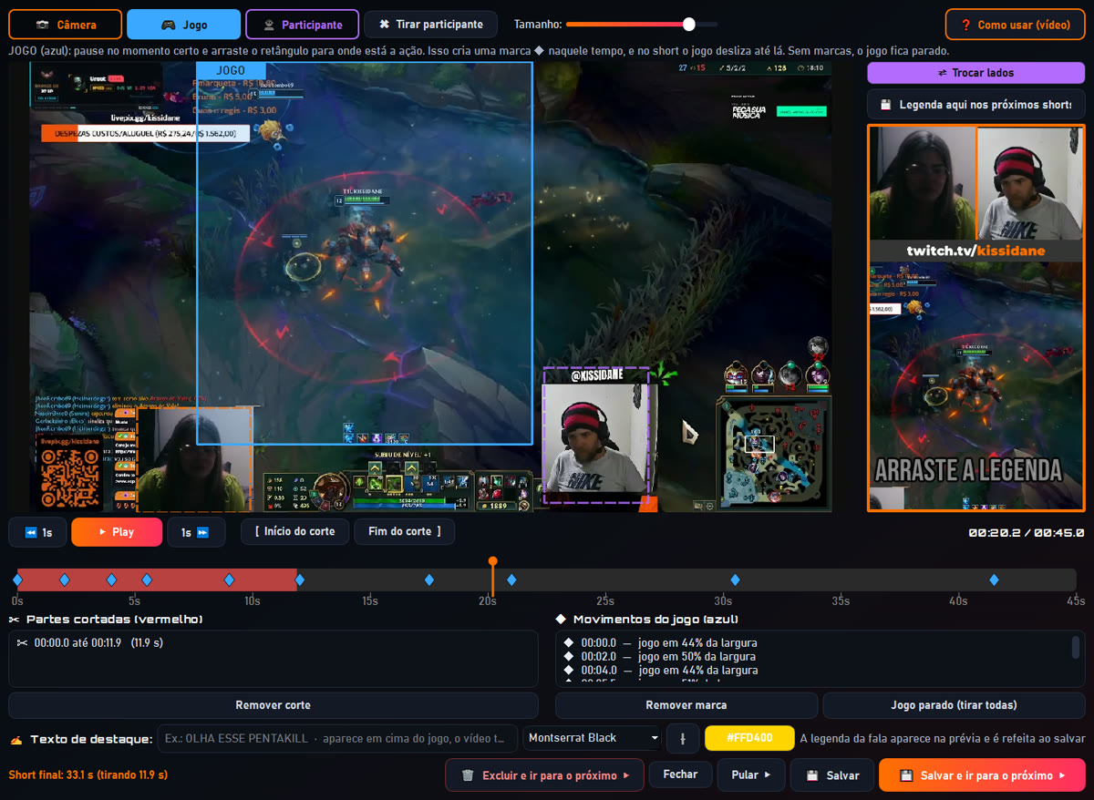 Editor do Kissidane Studio mostrando a câmera do streamer, a câmera do participante e a área do jogo detectadas, com a prévia do short ao lado